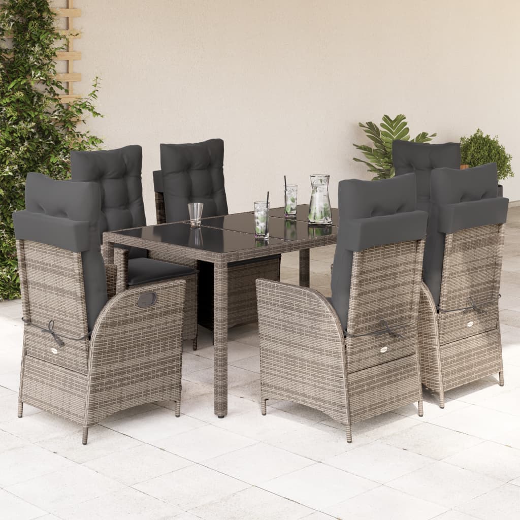 vidaXL 7 Piece Patio Dining Set with Cushions Gray Poly Rattan